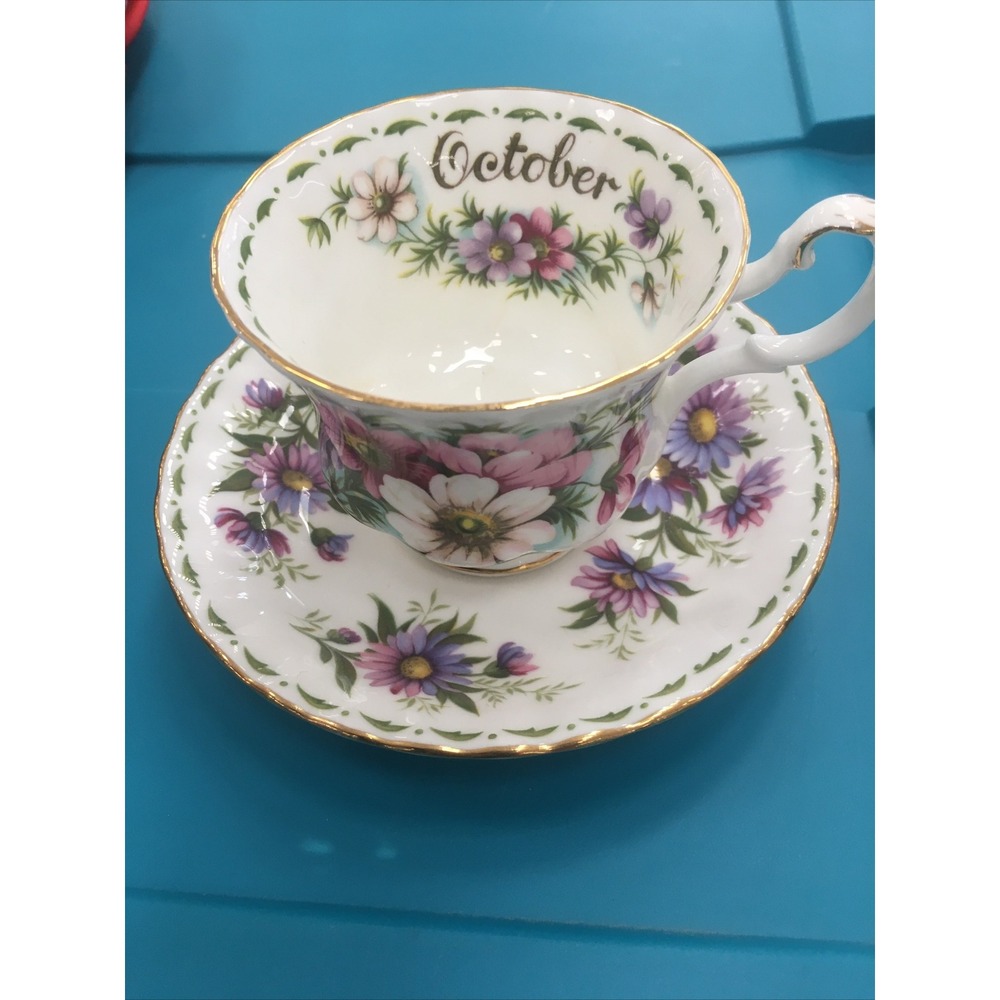 Royal Albert Flower / Month October Cosmos Cup & Saucer Rare Color Purple